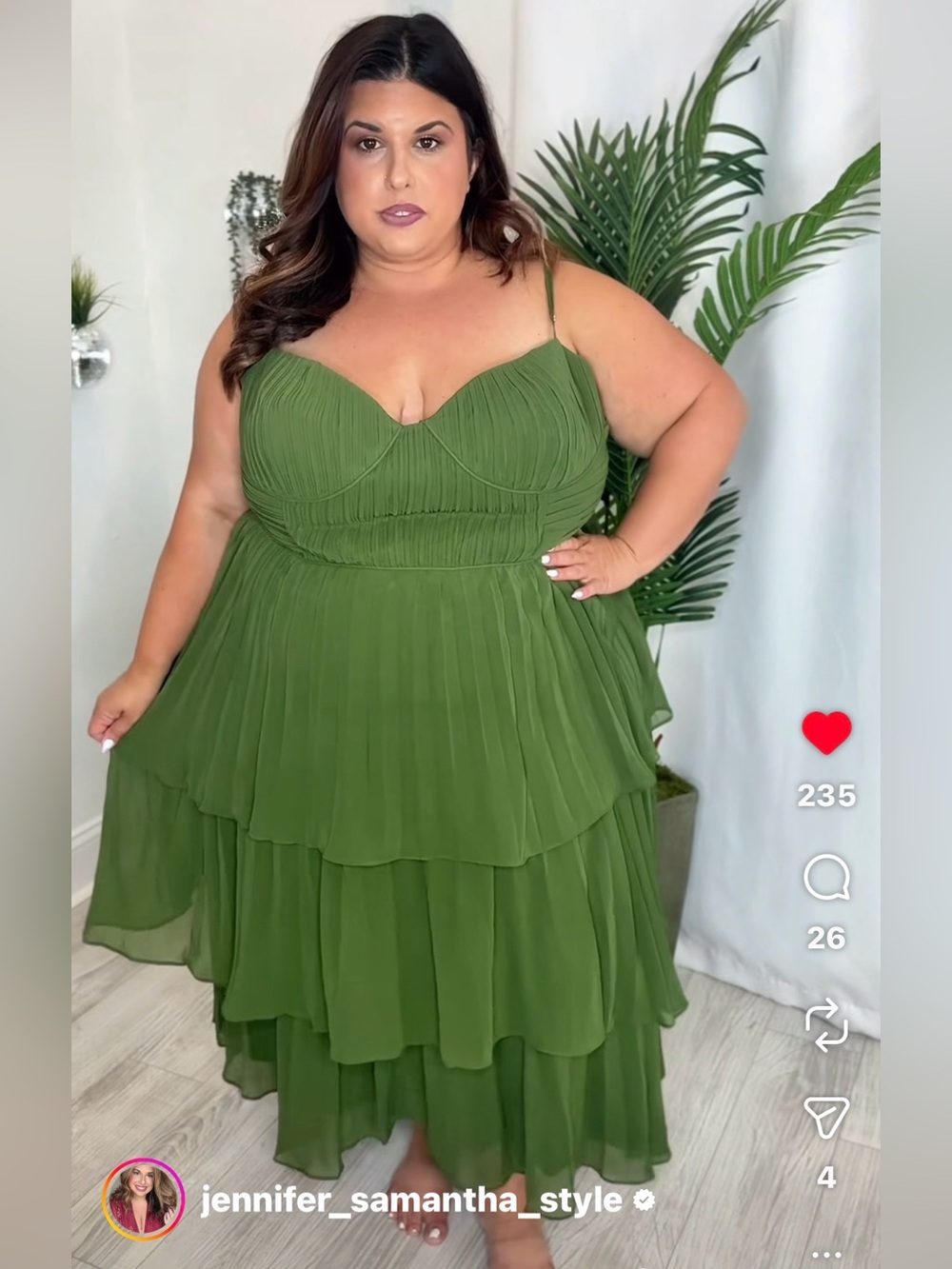 Plus Olive Green Tiered Chiffon A-Line Dress